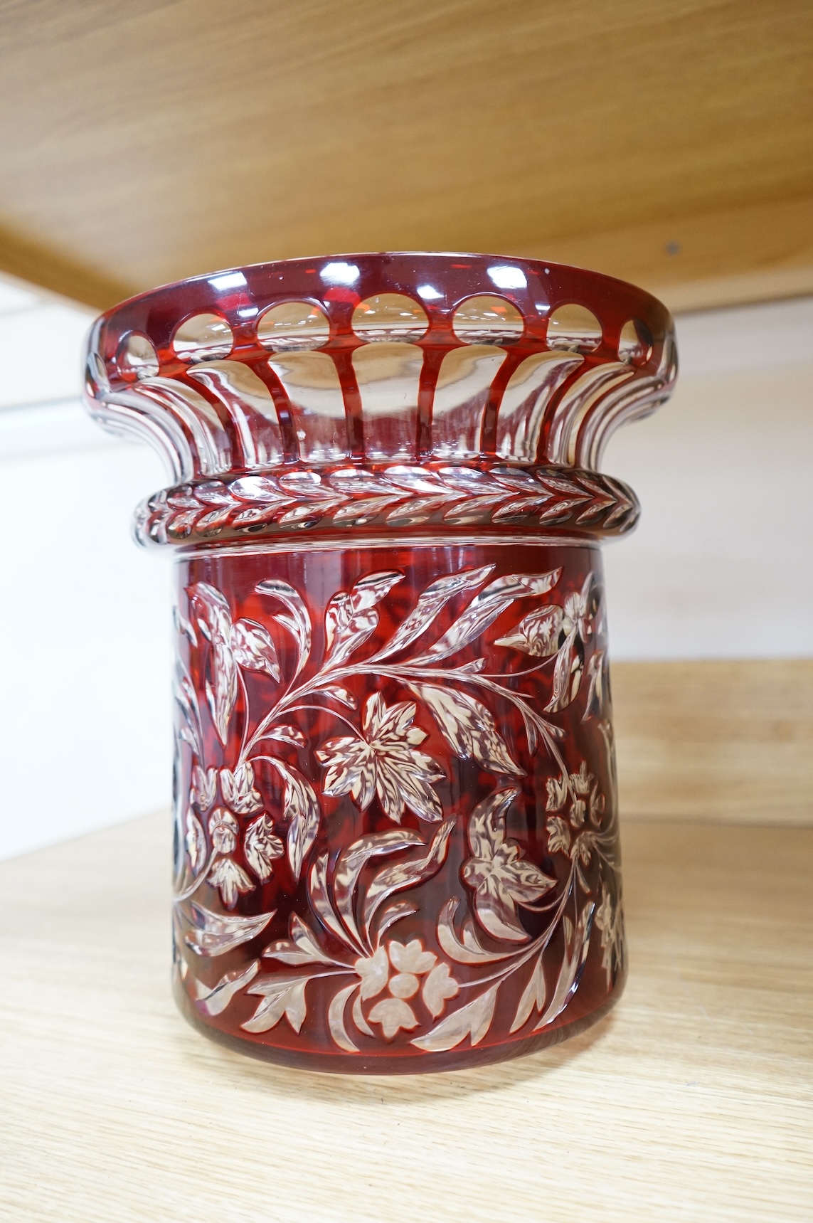 A large early 20th century Bohemian or Czechoslovakian ruby overlaid glass vase, 28cm high